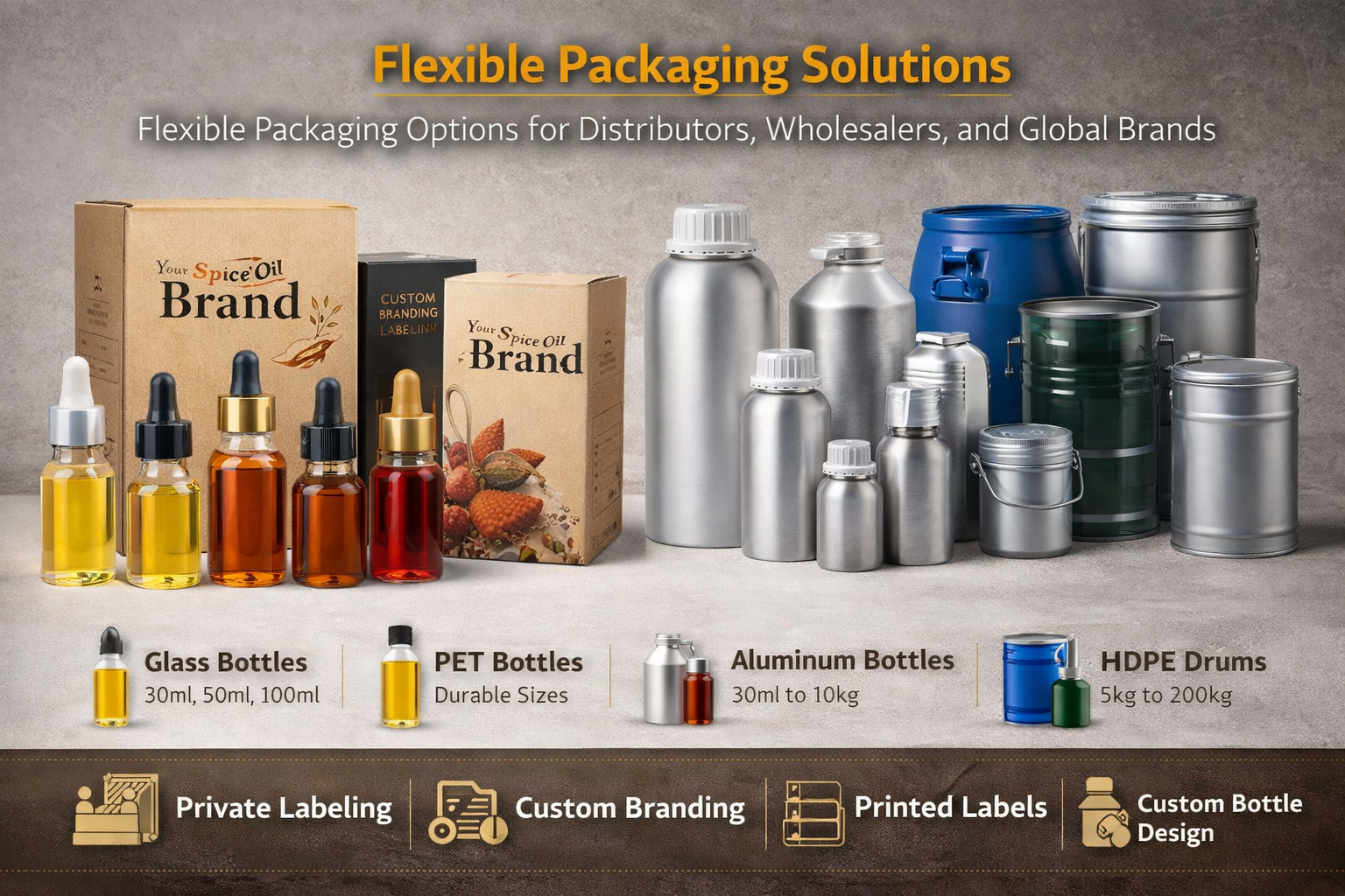 Flexible packaging for spice oils